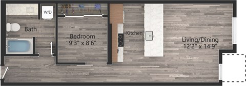 Floor plan for 1 bed, 1 bath, 690 sqft
